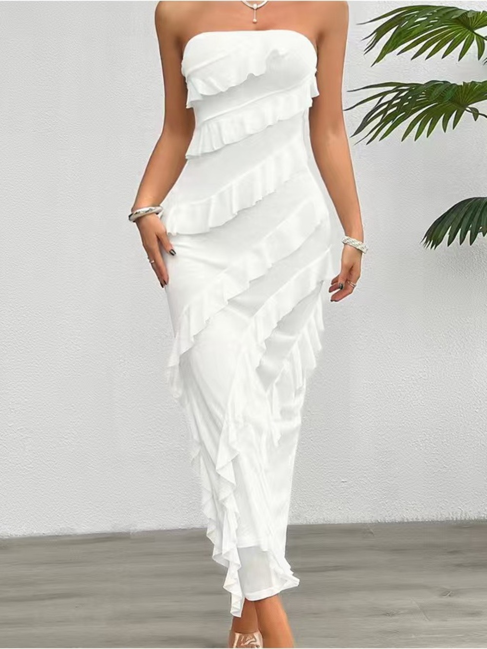 💝Strapless White Ruffle Maxi Dress